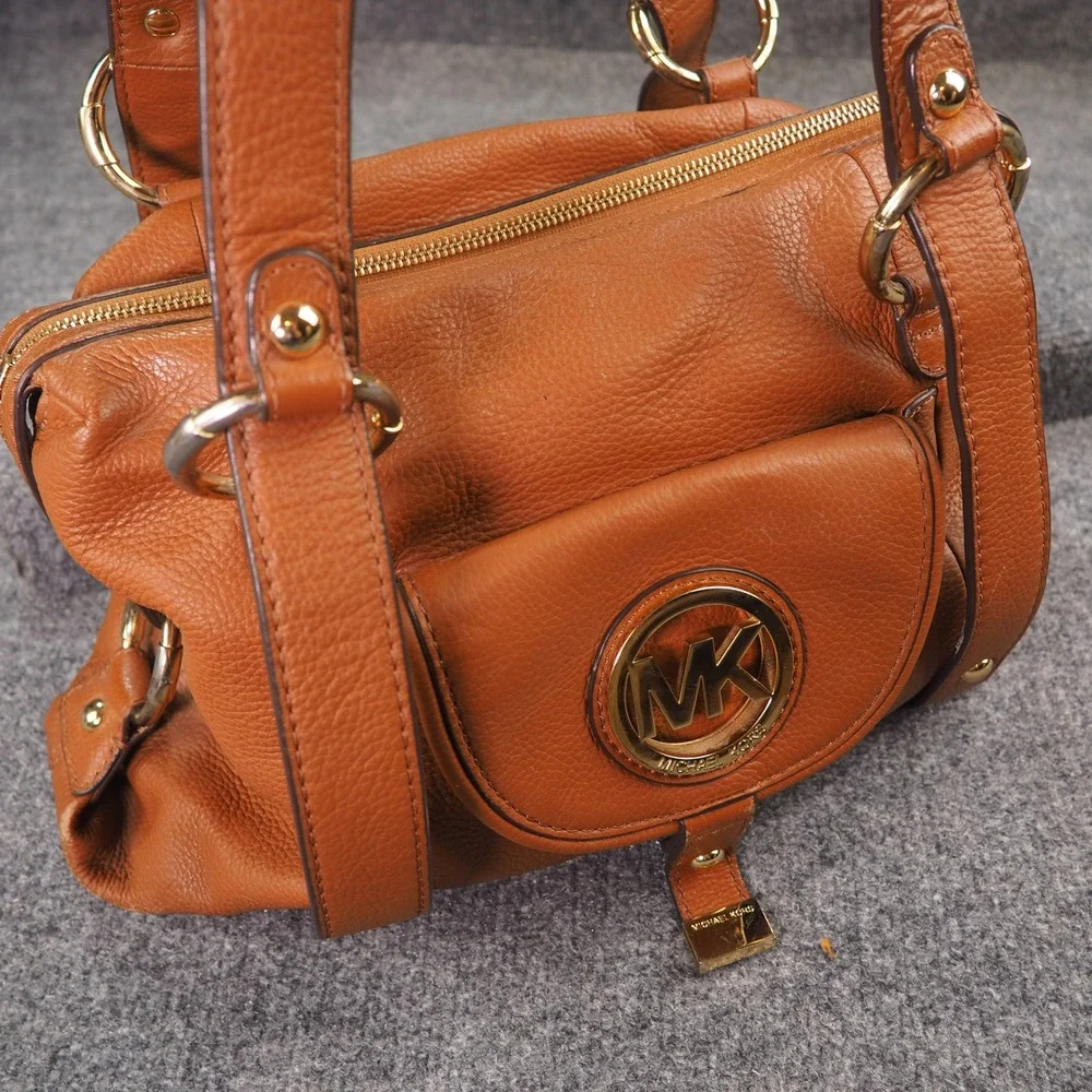 Michael Kors Fulton Hobo Shoulder Bag Brown Pebbled Leather Large MK Purse